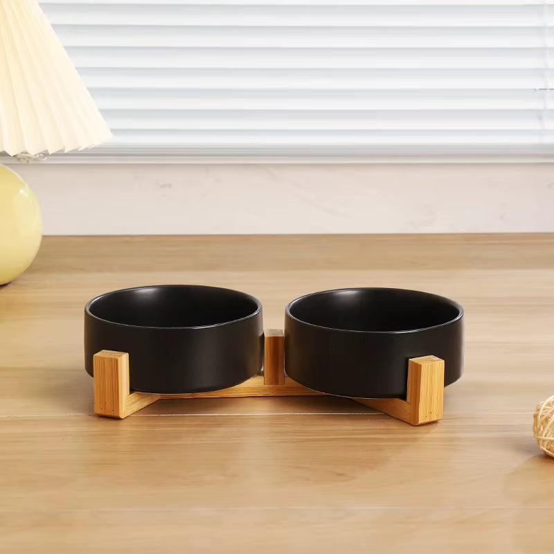 Set double gamelle céramique sur socle bois — coloris noir