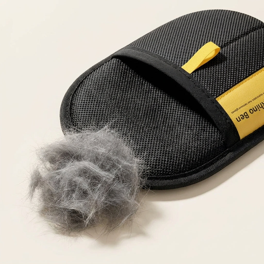 Détail du gant anti-poils électrostatique et amas de poils de chat décollé