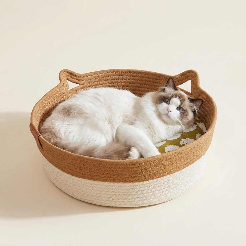 Panier couffin tressé en rotin avec coussin bouclette crème pour chat Miaou & Sens