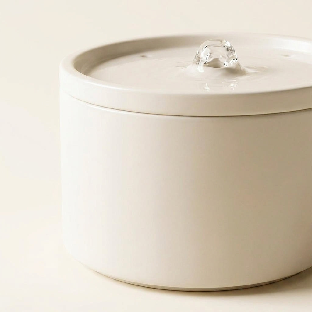 Détail de la céramique crème mate et de la source d'eau de la fontaine Miaou & Sens