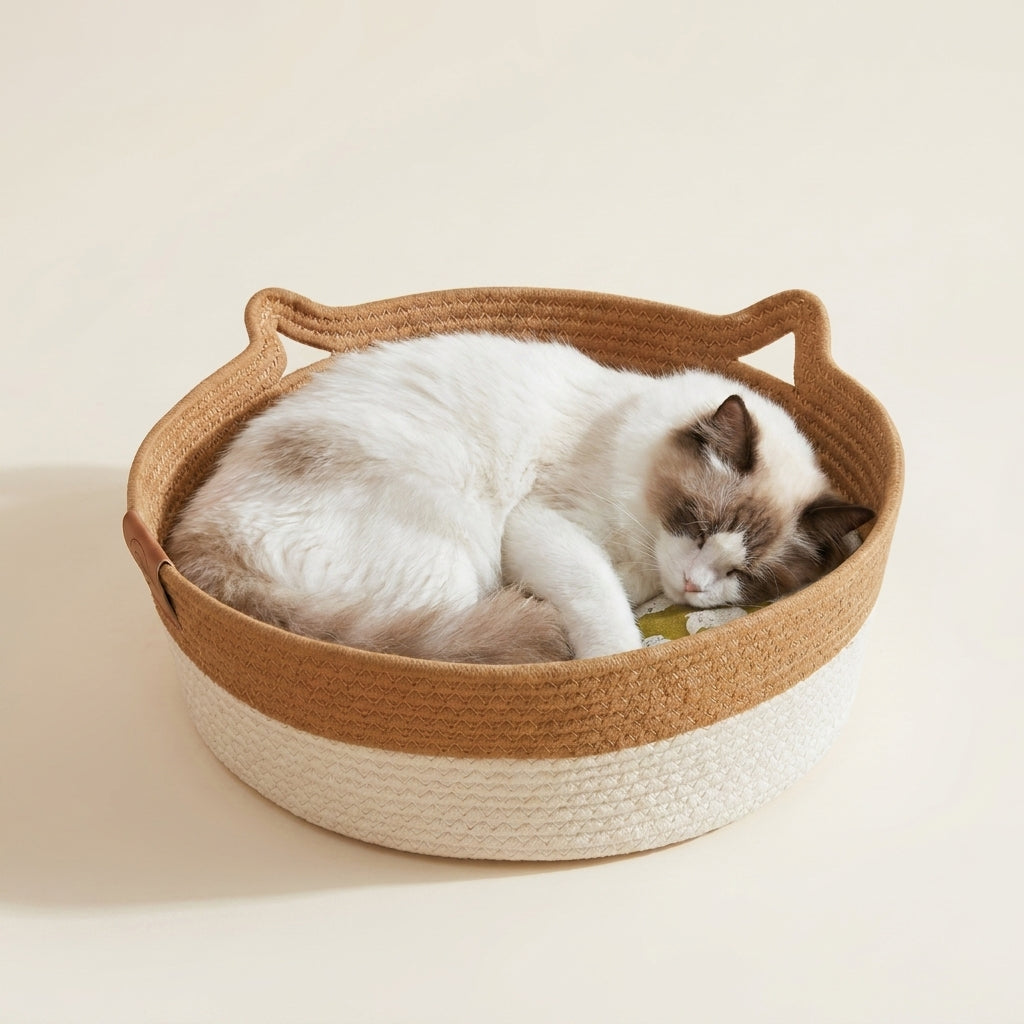 Panier Couffin Tressé pour Chat — Rotin & Bouclette Crème